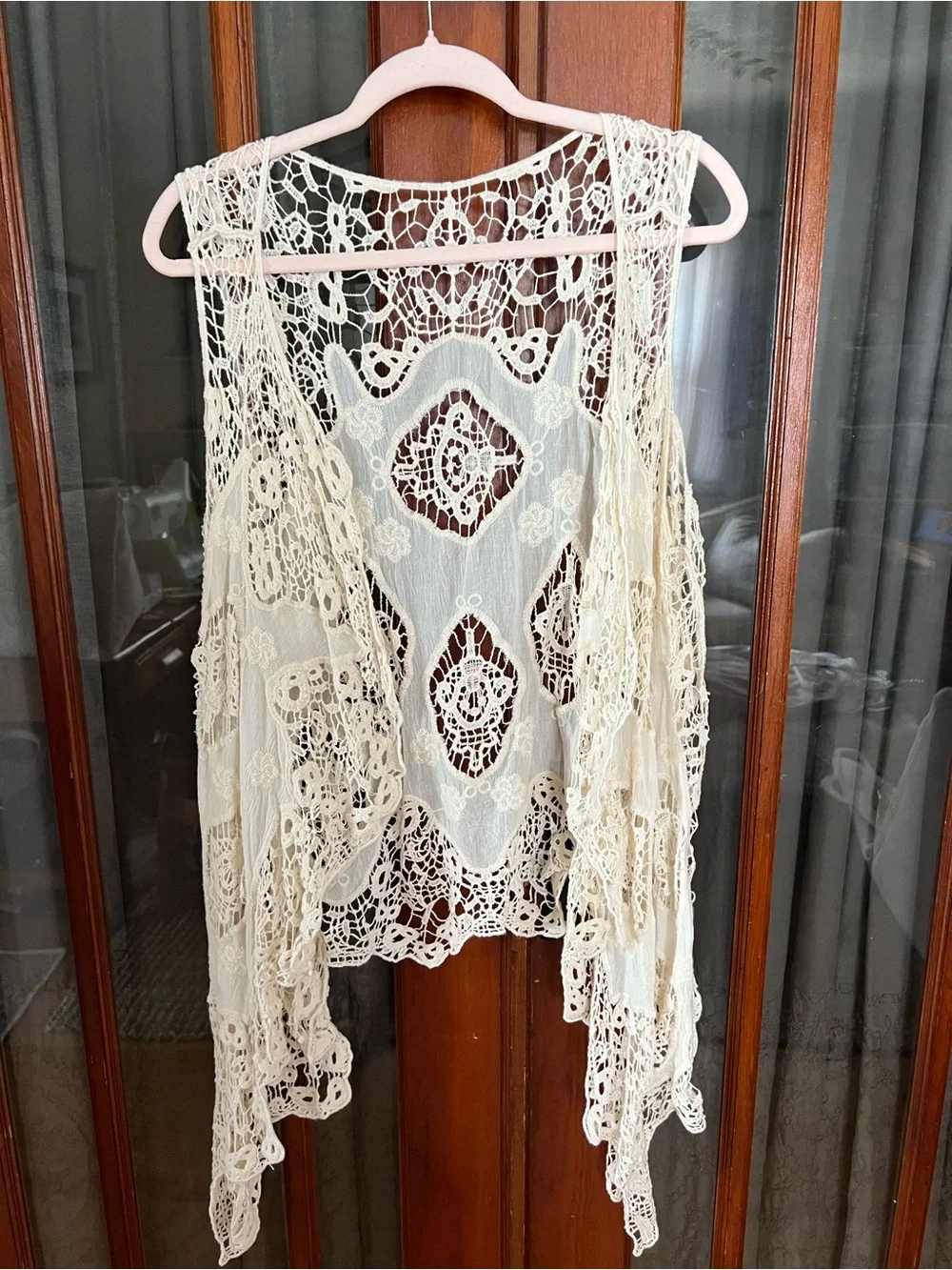 Boho Crochet Lace Open-Front Vest - Cream